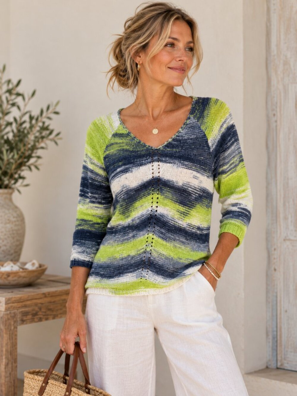 PARKHURST Lime Green Navy Striped V Neck Knit Sweater 3/4 Sleeve Coastal Chic S